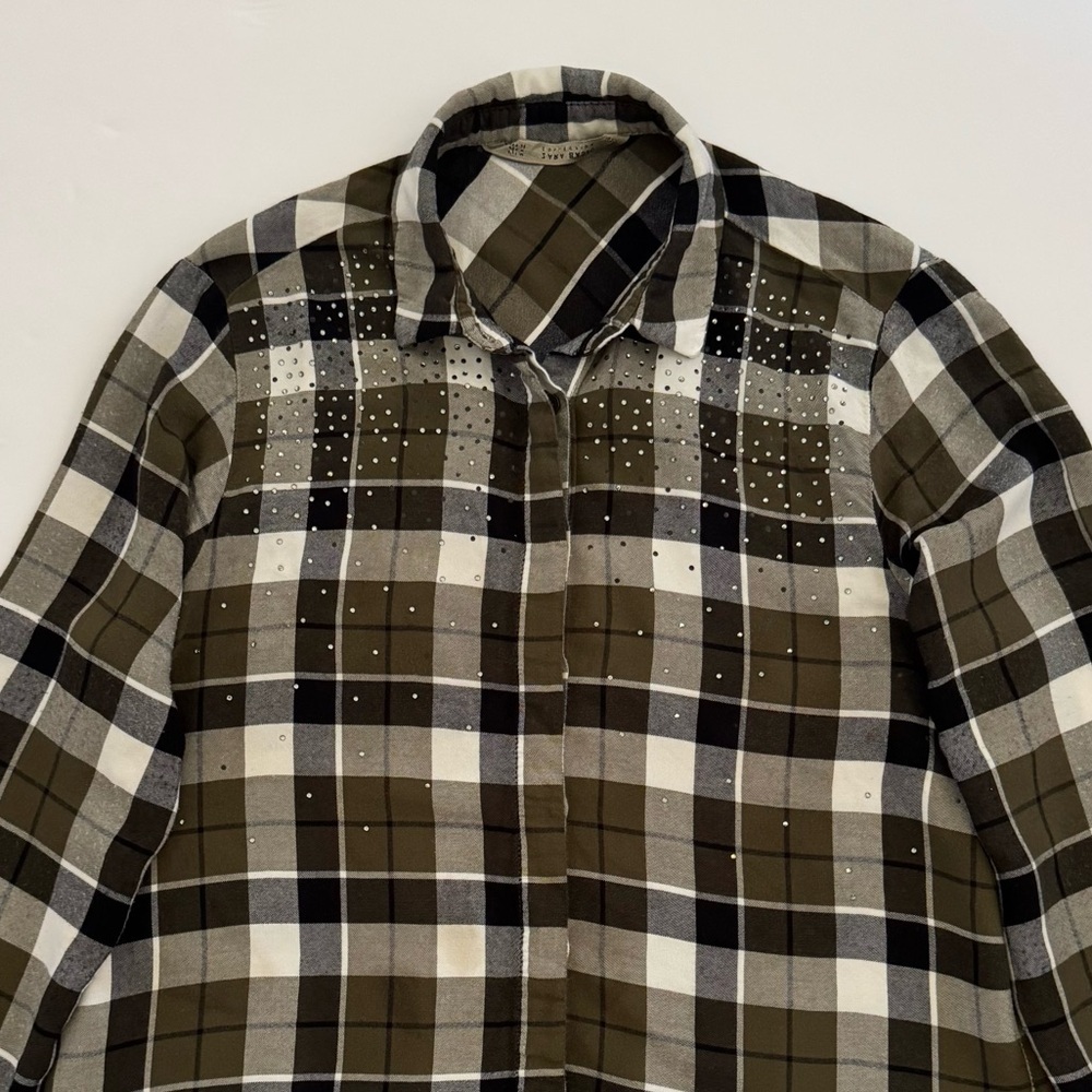 Zara Basic Plaid Button-Down Rhinestone Embellish… - image 3